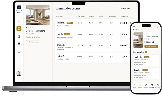 LuxFlat Direct landlord dashboard showing tenant requests and property management tools