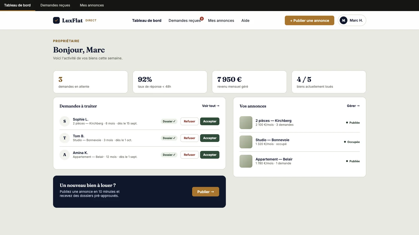 Capture d’écran : tableau de bord propriétaire avec les demandes entrantes