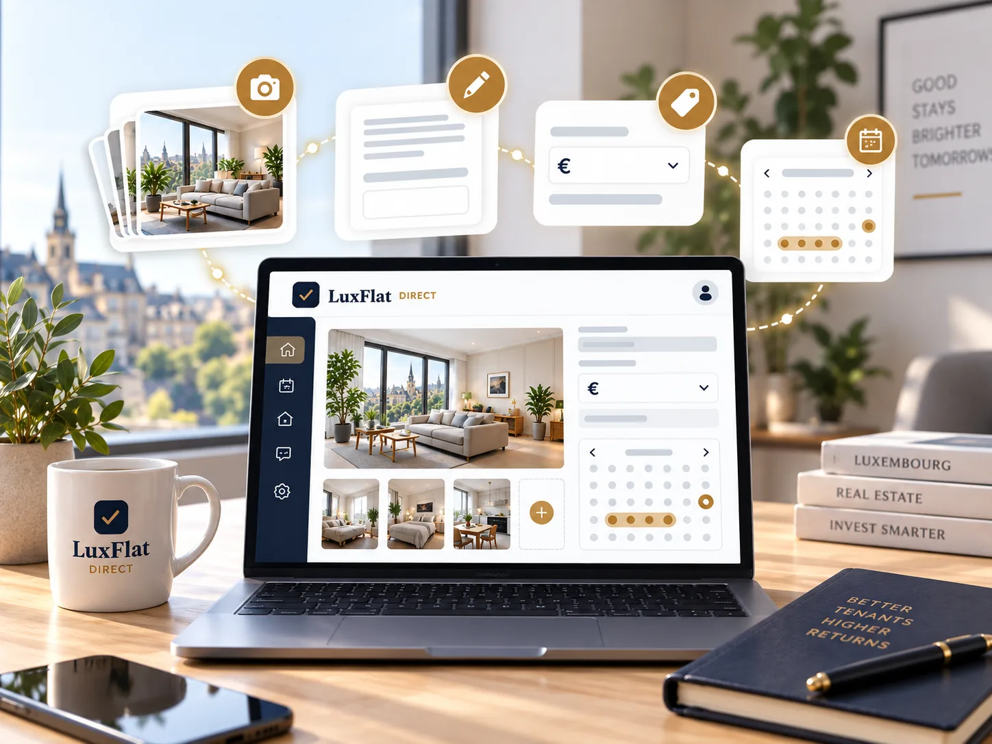 LuxFlat Direct listing editor with property photos, description, price and an availability calendar