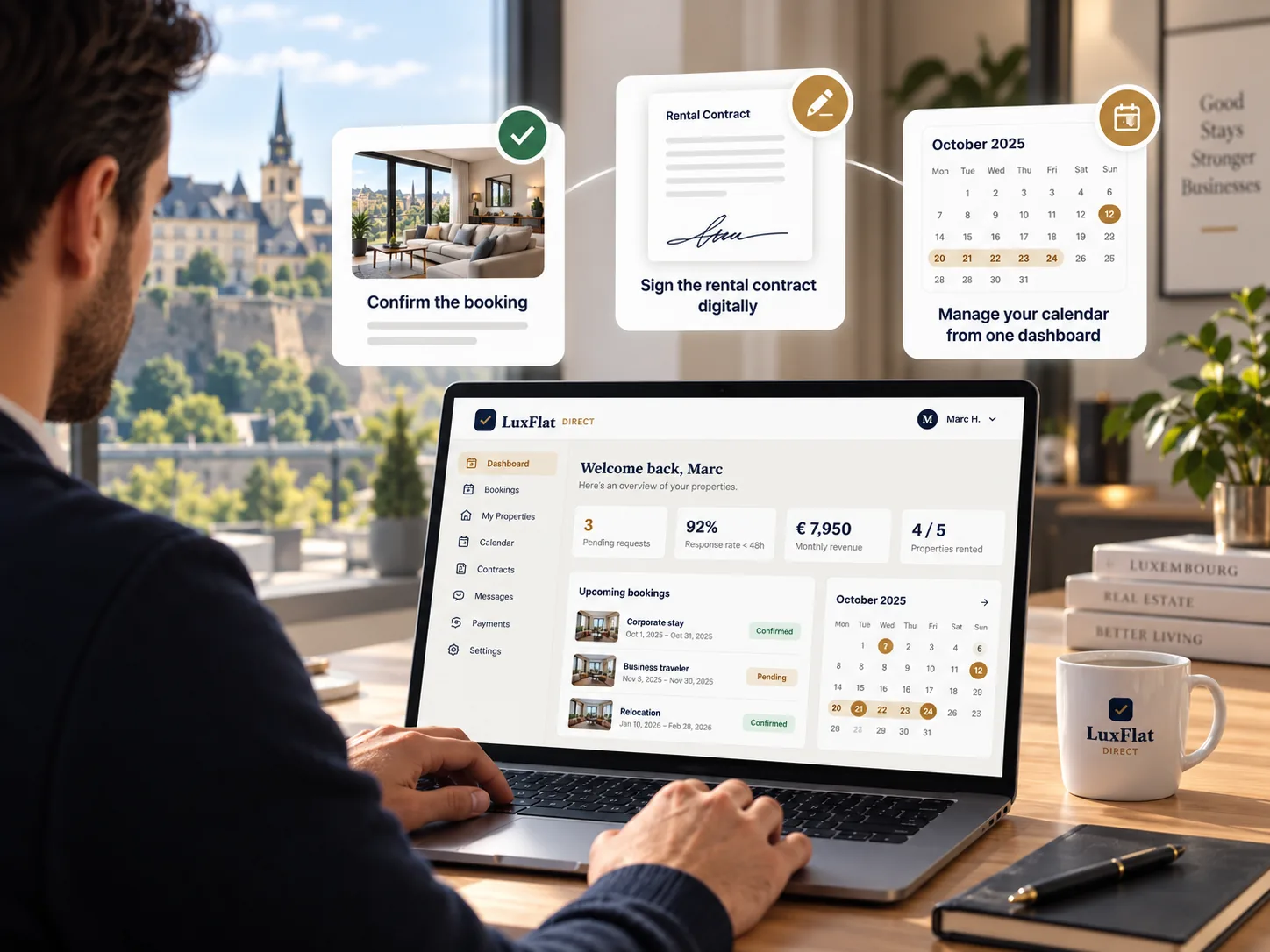 Landlord confirming a booking, signing the rental contract digitally and managing the calendar in LuxFlat Direct