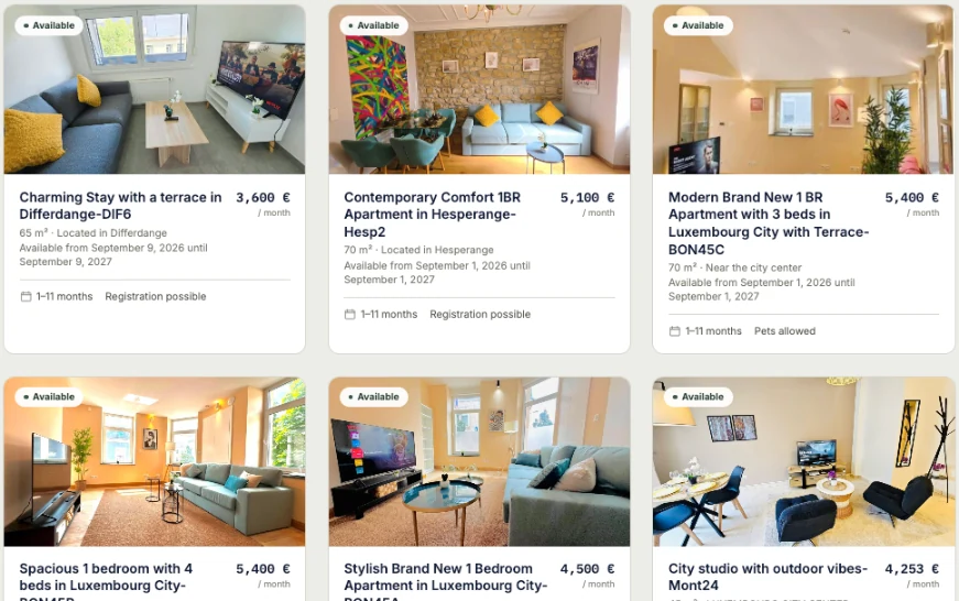 Résultats de recherche LuxFlat Direct pour des locations meublées au Luxembourg, chaque annonce affichant son prix mensuel tout compris, sa surface, ses dates de disponibilité et la durée de séjour.