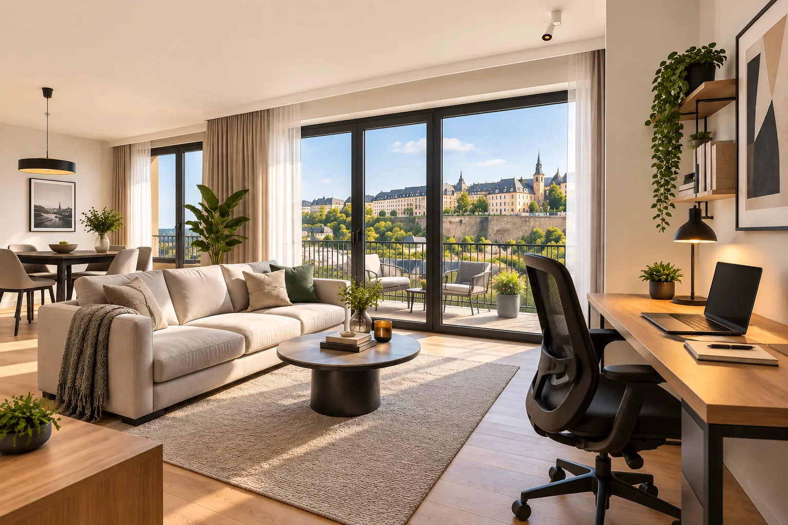 Appartement meublé au Luxembourg avec un bureau et un espace de travail aménagé pour le télétravail