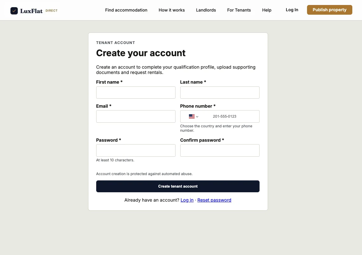 LuxFlat Direct tenant account sign-up form with name, email, phone and password fields