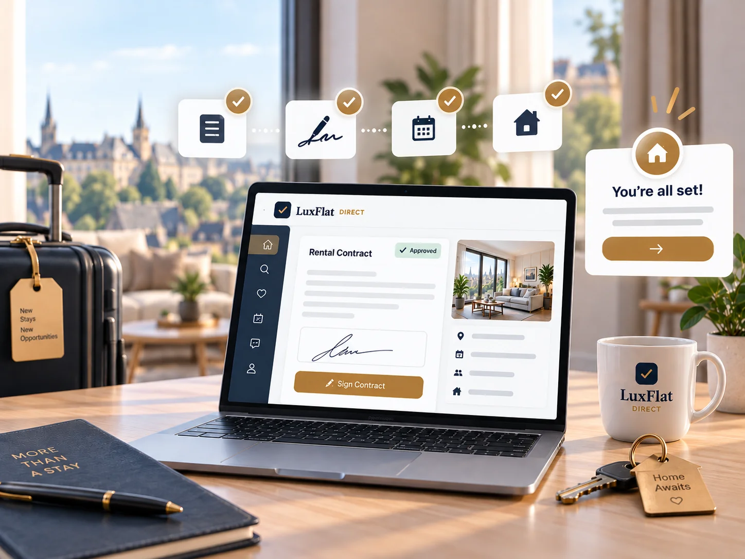 Tenant signing an approved rental contract online in LuxFlat Direct, with keys ready to move in